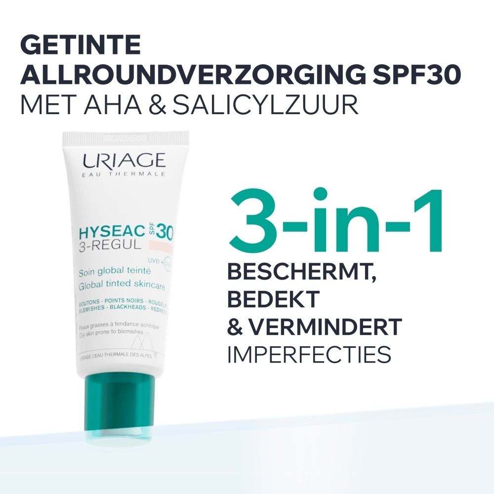 Uriage Hyseac SPF30 3-Regul getinte dagelijkse verzorging tube met groene dop.