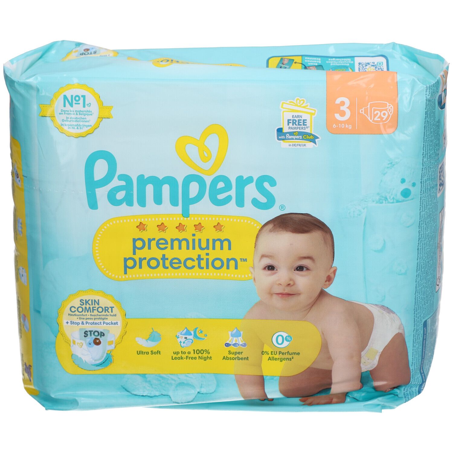 Paquet de couches Pampers Premium Protection taille 3. Bébé sur l'emballage. Inscription: Ultra doux, anti-fuites jusqu'à 100%, super absorbant, 0% parfum.