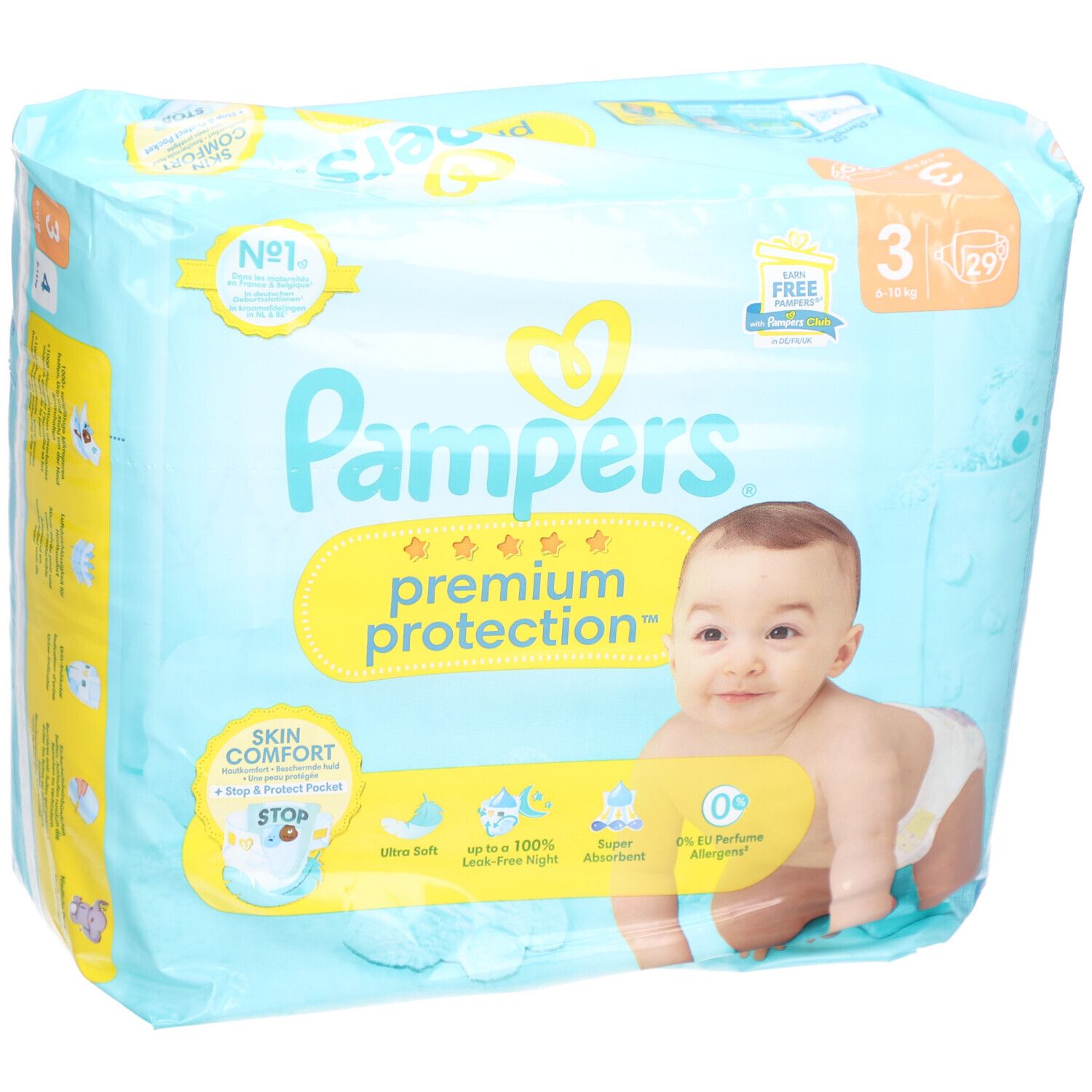 Paquet de couches Pampers Premium Protection taille 3. Bébé sur l'emballage. Inscription: Ultra doux, anti-fuites jusqu'à 100%, super absorbant, 0% parfum.