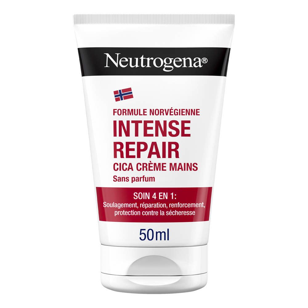 Tube de crème pour les mains Neutrogena Intense Repair Cica. Blanc, noir et rouge. 50ml.
