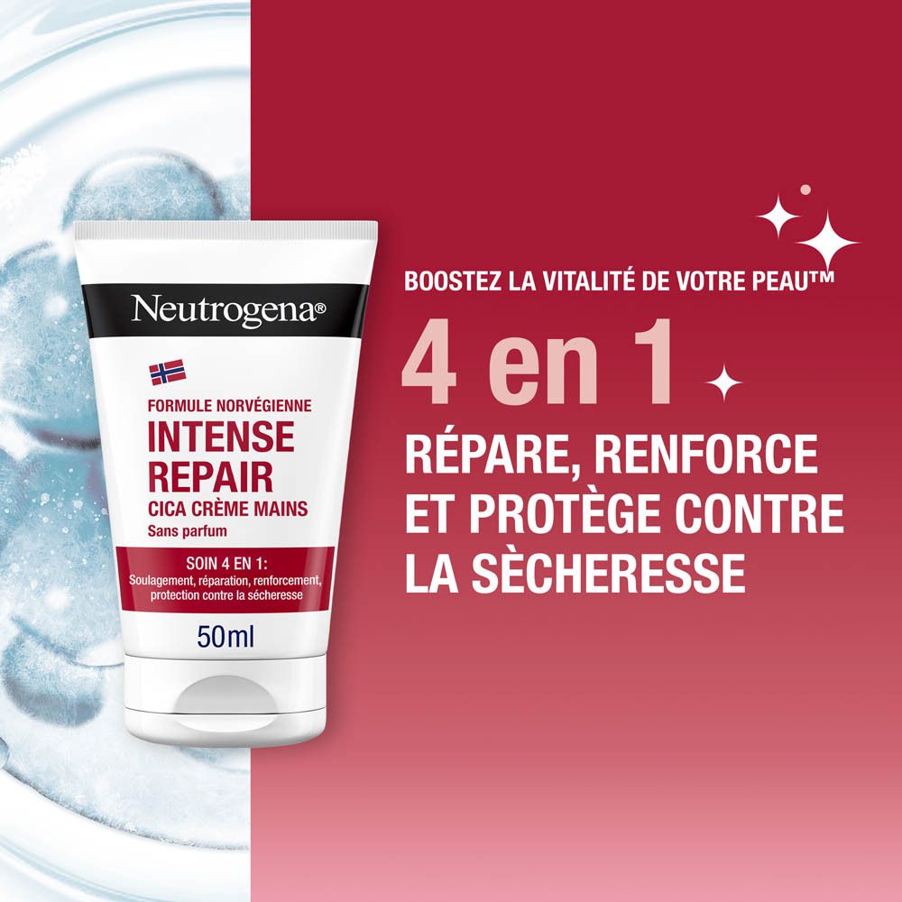 Tube de crème pour les mains Neutrogena Intense Repair Cica sur fond rouge. 4 en 1.