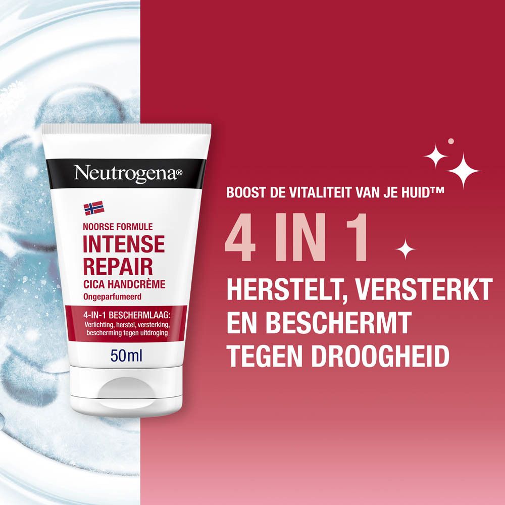 Neutrogena Intense Repair Cica handcrème tube op rode achtergrond. 4 in 1.