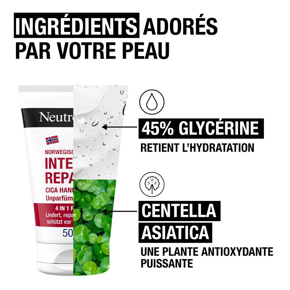 Ingrédients : 45% de glycérine et Centella Asiatica. Tube en arrière-plan.