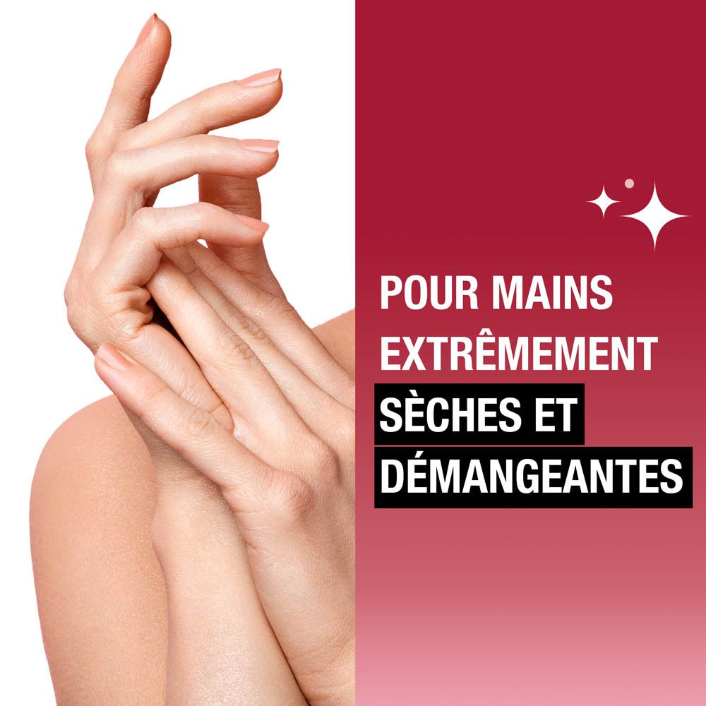 Mains avec peau sèche et qui démange. Texte : Pour les mains extrêmement sèches et qui démangent.