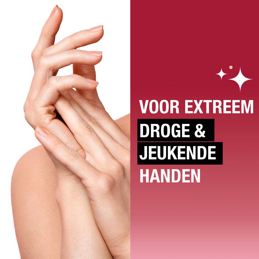 Handen met droge, jeukende huid. Tekst: Voor extreem droge en jeukende handen.