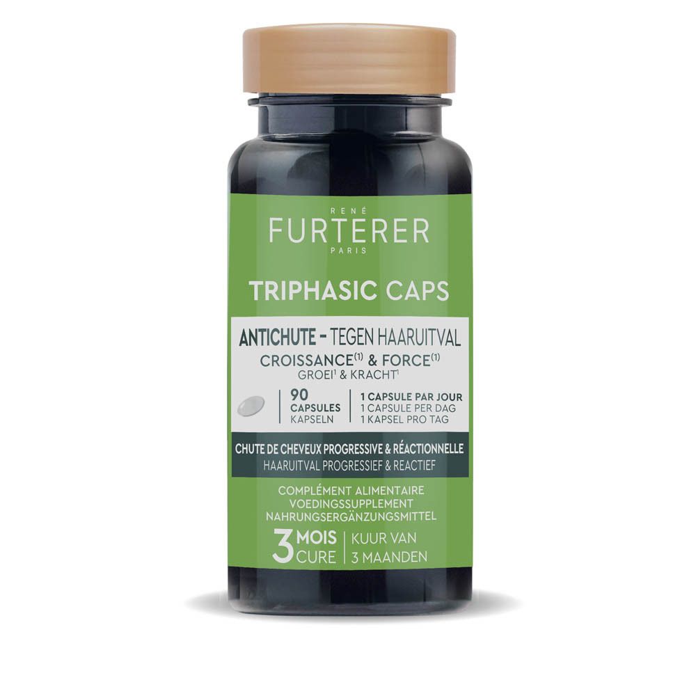 Flesje capsules. Opschrift: René Furterer Triphasic Caps Antichute. 90 capsules. Kuur van 3 maanden.