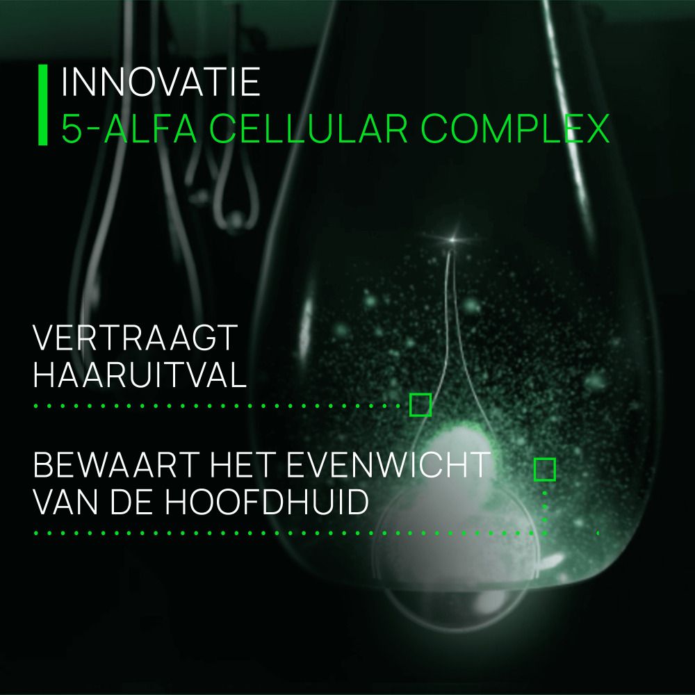 Abstract beeld. Tekst: Innovatie 5-Alpha Cellular Complex. Vertraagt haaruitval. Bewaart het evenwicht van de hoofdhuid.