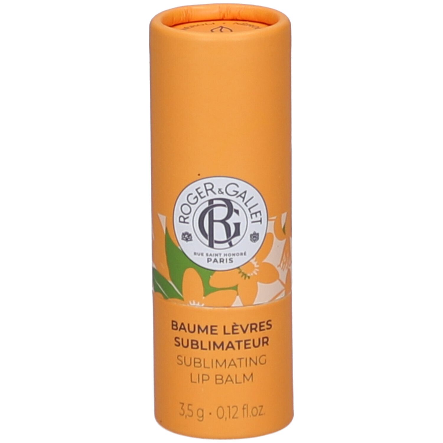 Cilindrische, oranje verpakking. Opschrift: Roger & Gallet, Baume Lèvres, Sublimating Lip Balm. 3,5g - 0,12 fl oz.
