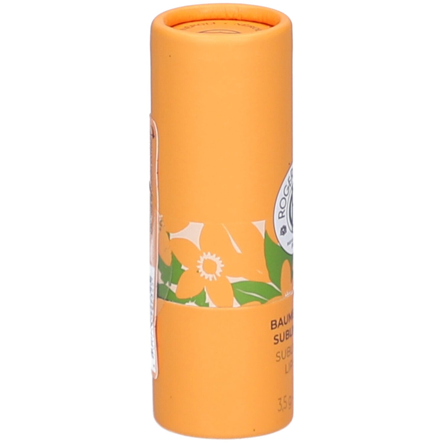 Cilindrische, oranje verpakking. Etiket met tekst en bloemmotief. Merk Roger & Gallet zichtbaar.