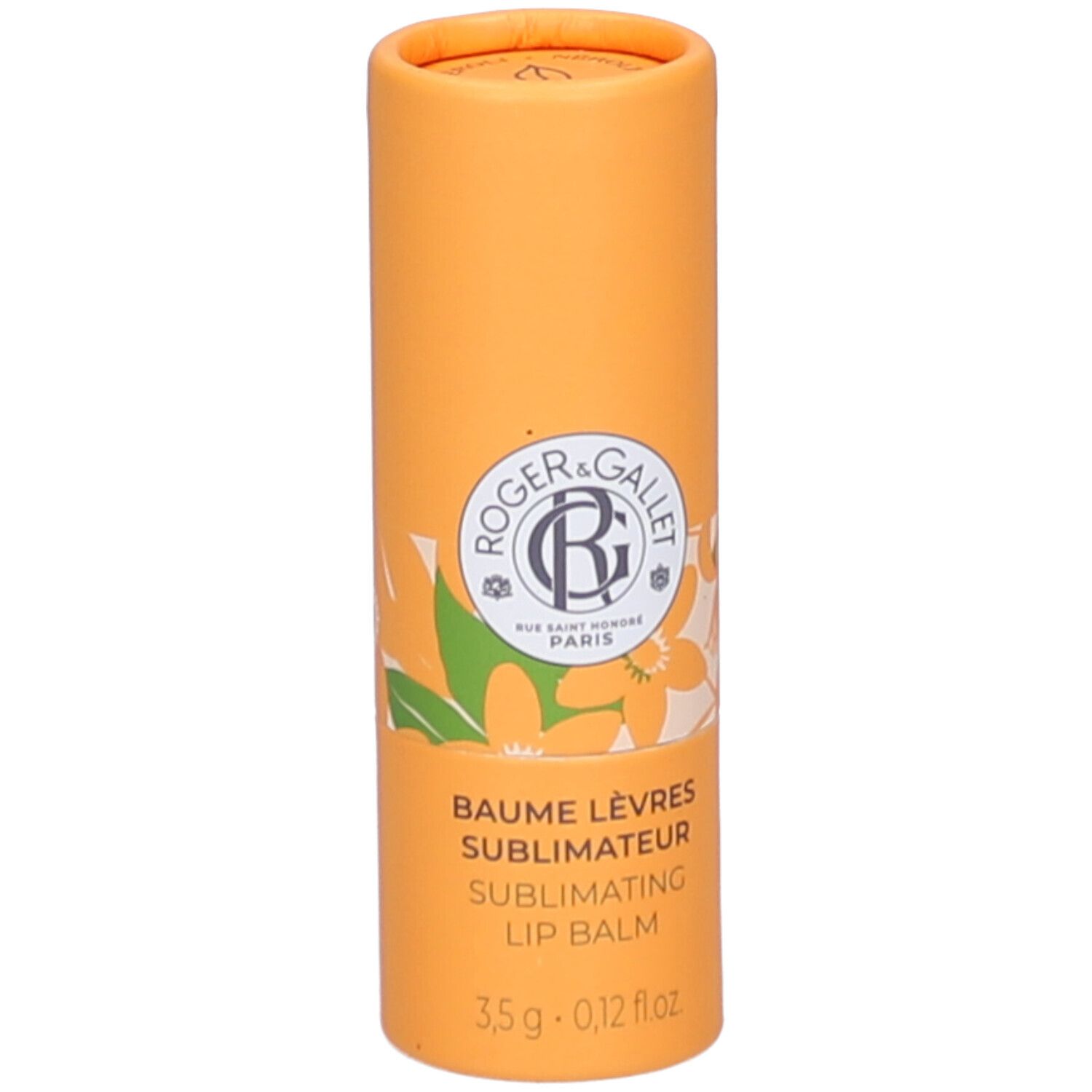 Cilindrische, oranje verpakking. Opschrift: Roger & Gallet, Baume Lèvres, Sublimating Lip Balm. 3,5g - 0,12 fl oz.