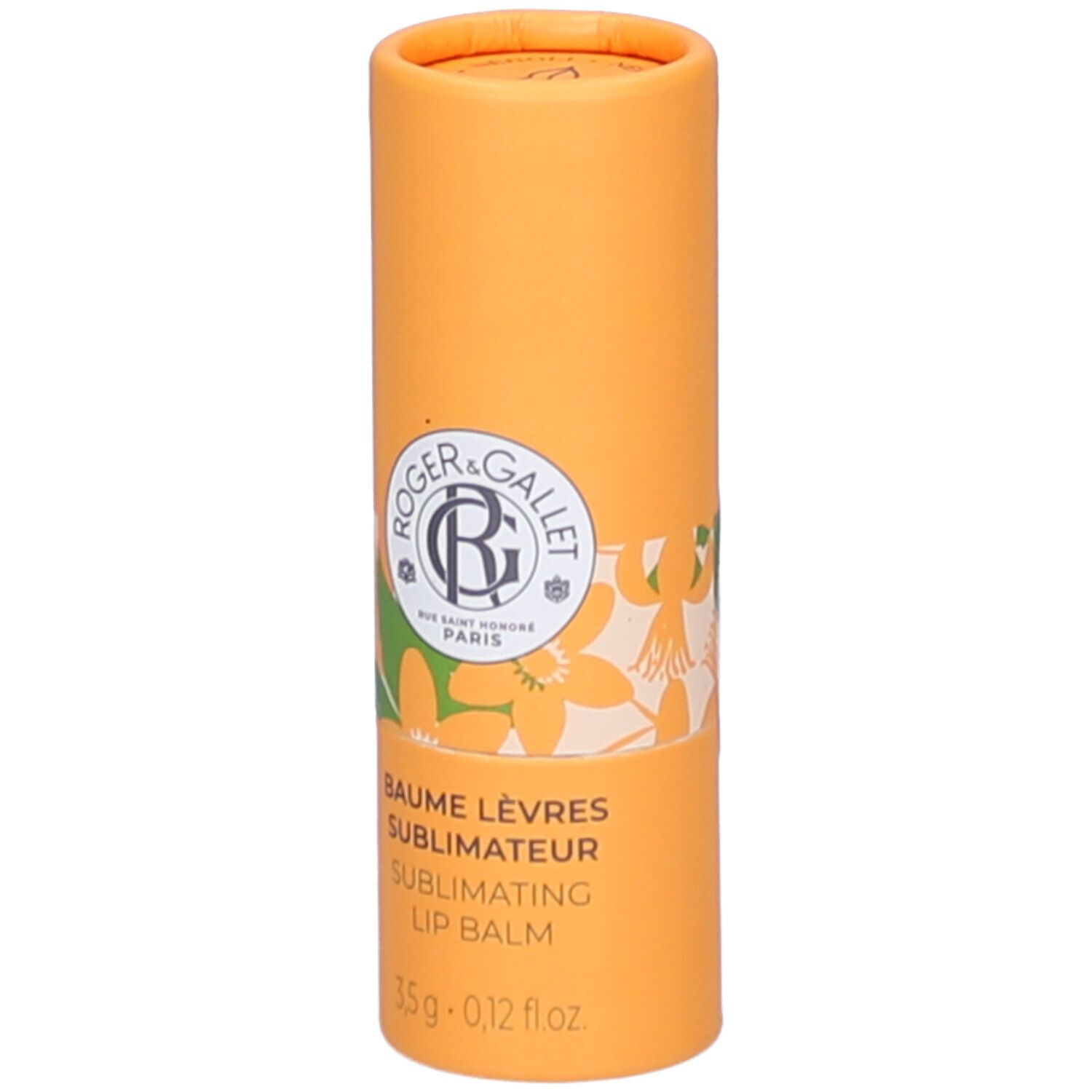 Cilindrische, oranje verpakking. Opschrift: Roger & Gallet, Baume Lèvres, Sublimating Lip Balm. 3,5g - 0,12 fl oz.