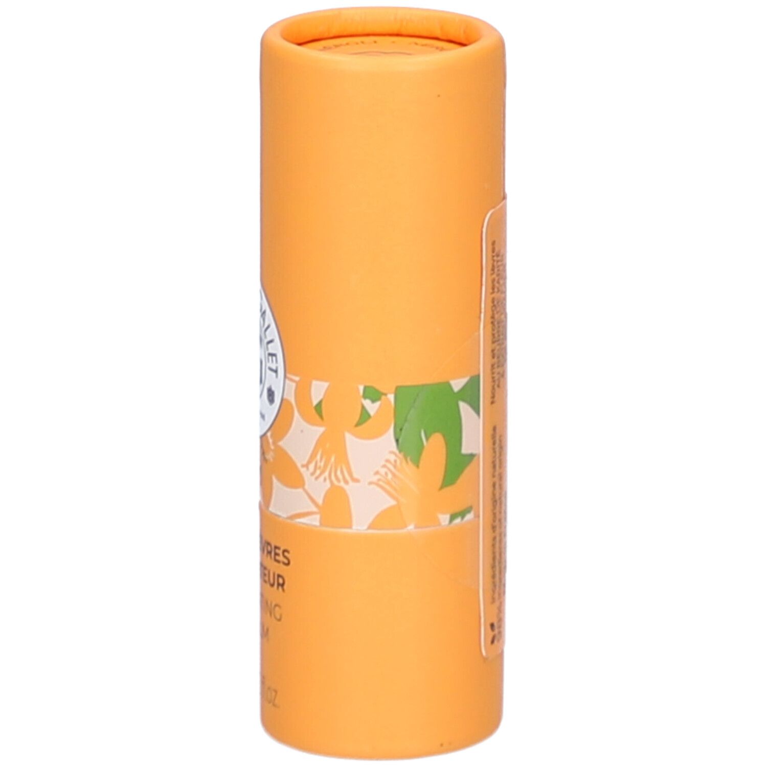 Cilindrische, oranje verpakking. Etiket met tekst: Baume Lèvres, Sublimating Lip Balm. Merk Roger & Gallet.