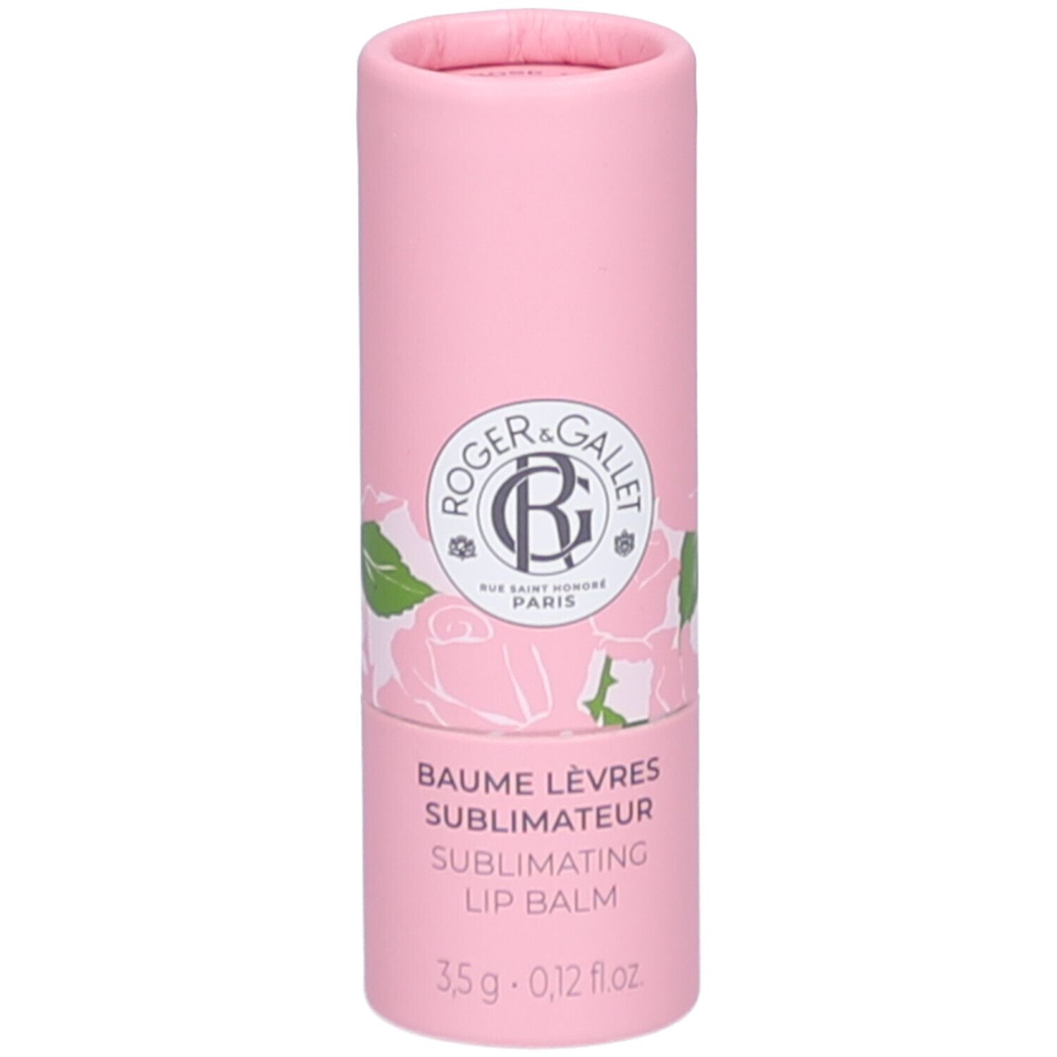 Roze cilindrische verpakking. Opschrift: Roger&Gallet, Baume Lèvres, 3,5g. Rozen decoratie.