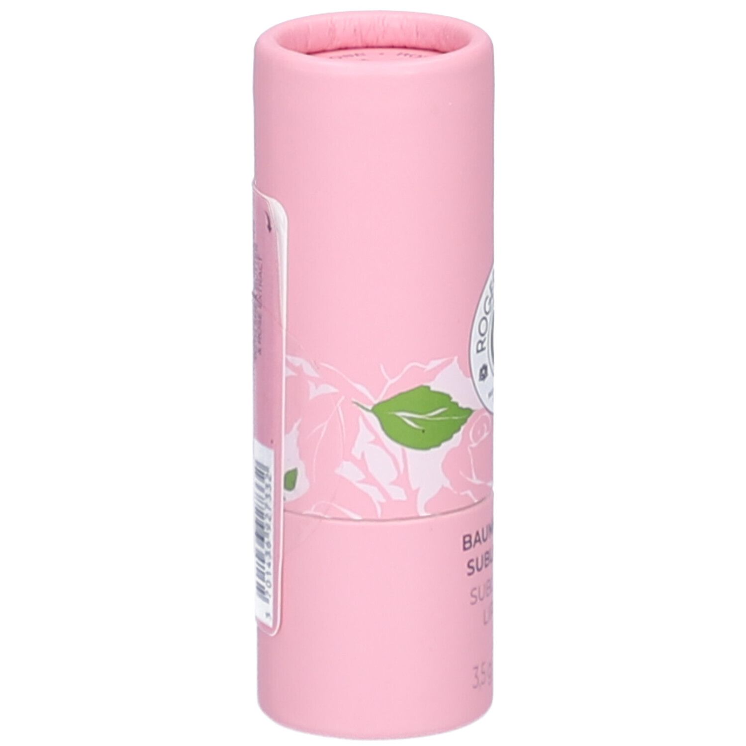 Roze cilindrische verpakking. Opschrift: Roger&Gallet, Baume Lèvres, 3,5g. Rozen decoratie.