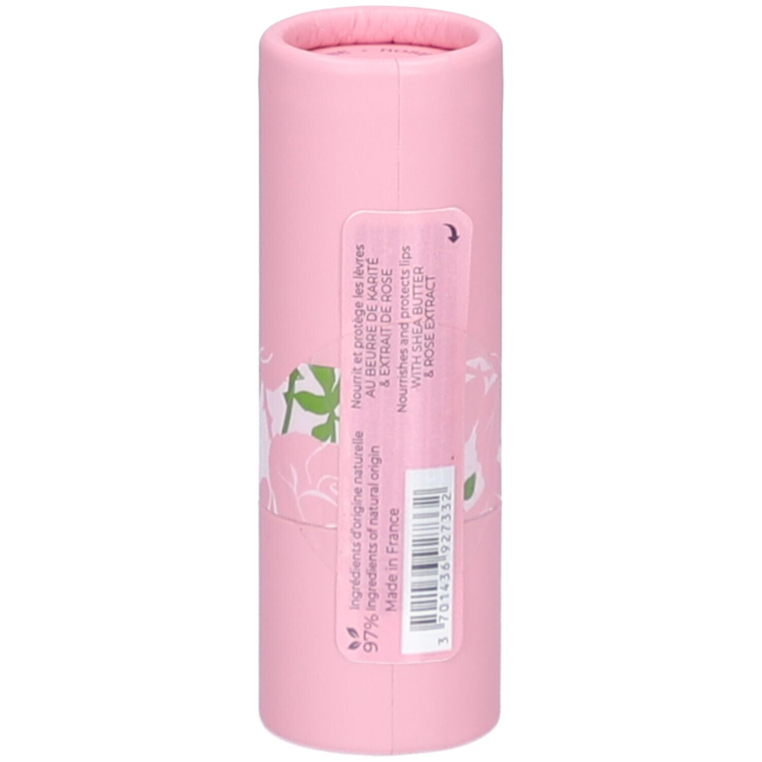 Roze cilindrische verpakking. Opschrift: Roger&Gallet, Baume Lèvres, 3,5g. Rozen decoratie.