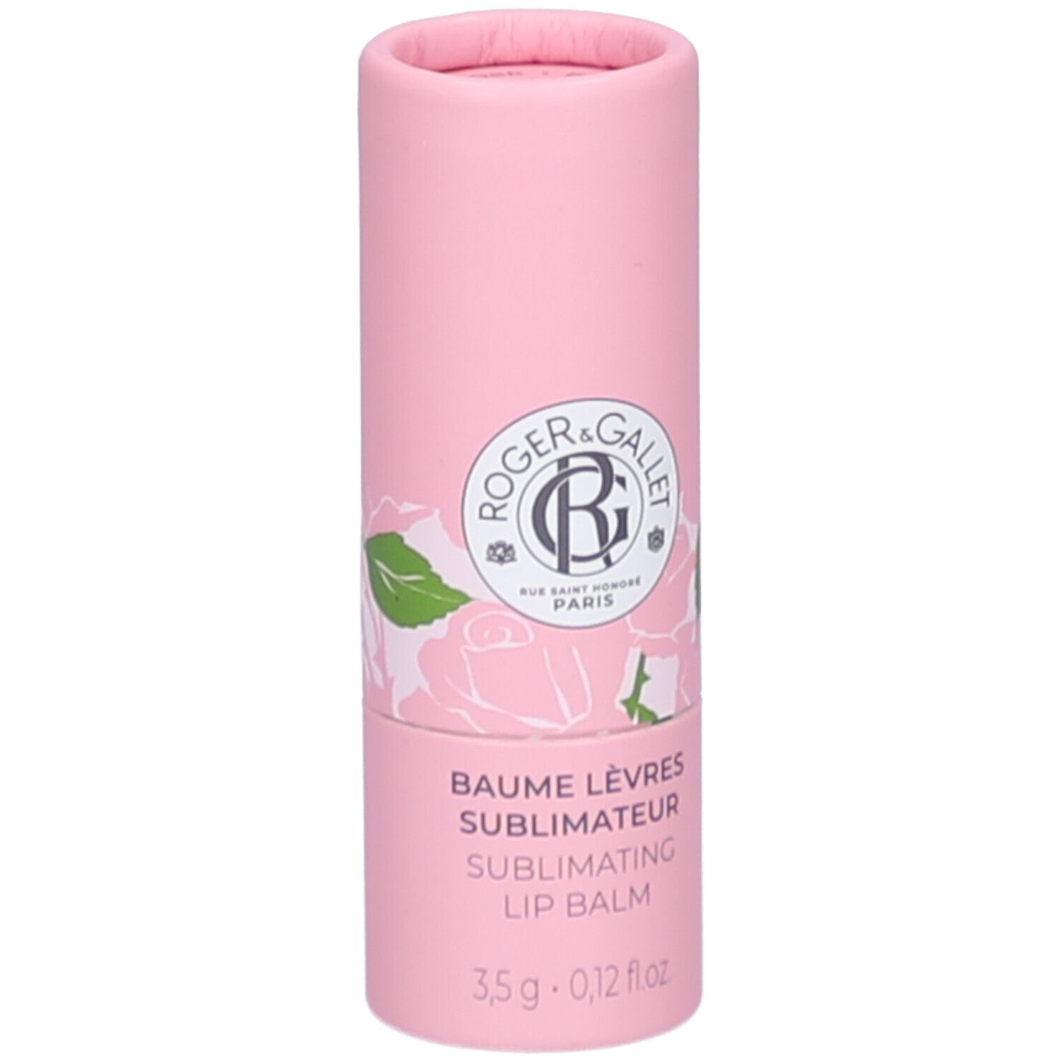 Roze cilindrische verpakking. Opschrift: Roger&Gallet, Baume Lèvres, 3,5g. Rozen decoratie.