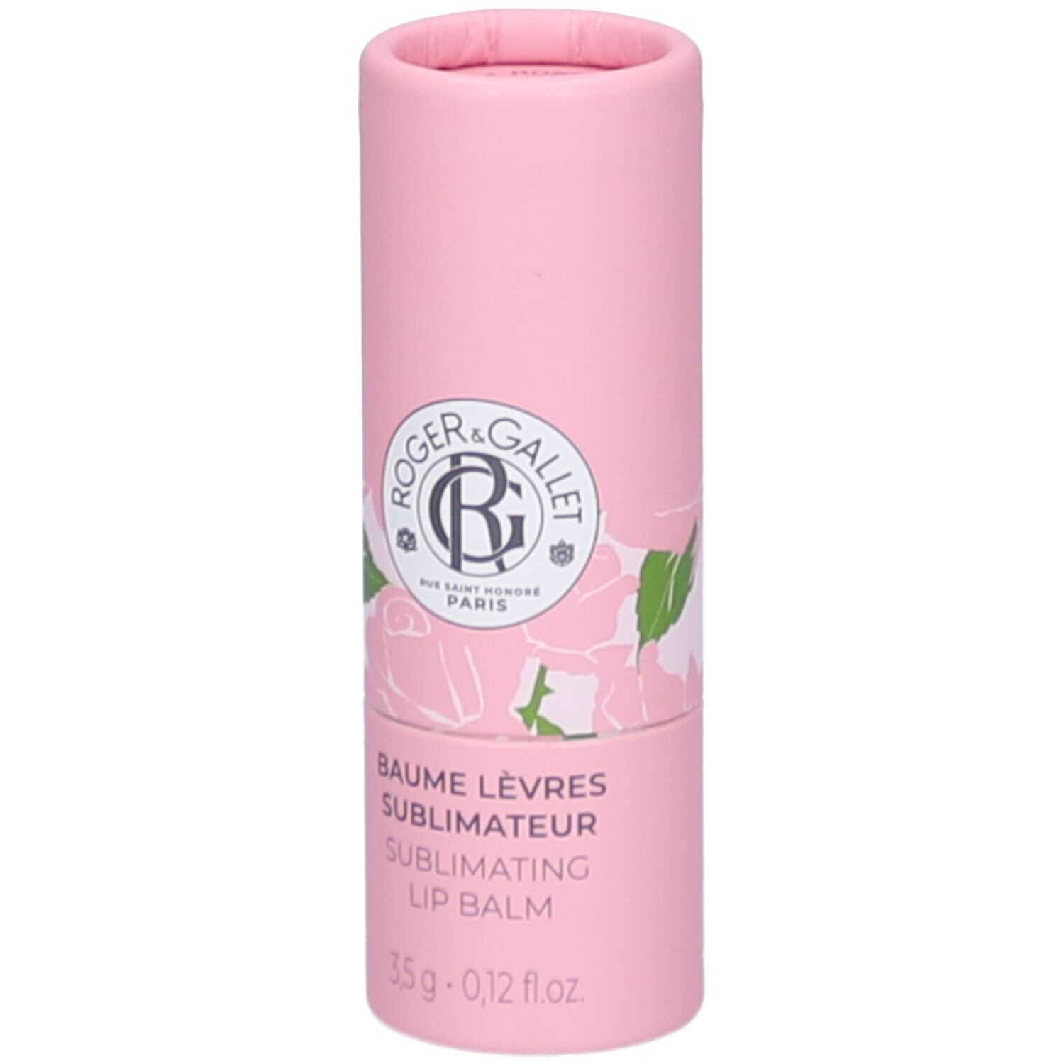 Roze cilindrische verpakking. Opschrift: Roger&Gallet, Baume Lèvres, 3,5g. Rozen decoratie.