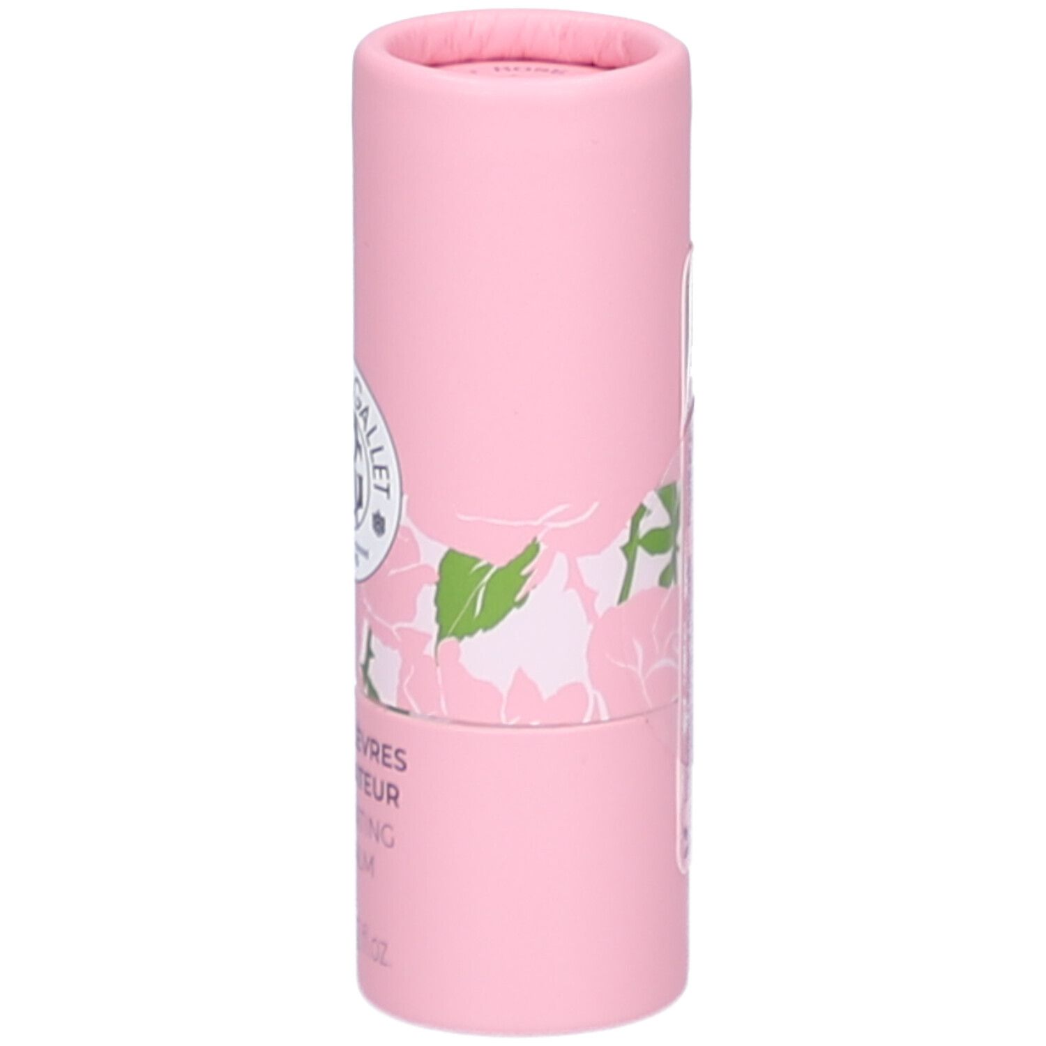 Roze cilindrische verpakking. Opschrift: Roger&Gallet, Baume Lèvres, 3,5g. Rozen decoratie.