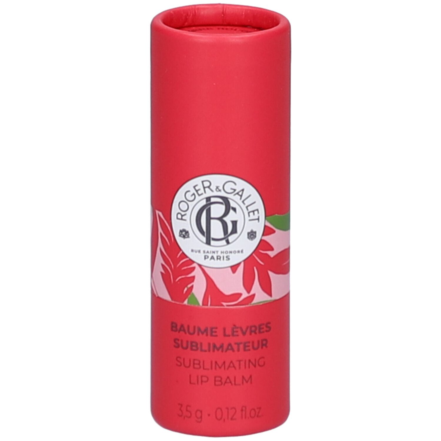 Emballage cylindrique rouge. Inscription: ROGER & GALLET, Baume Lèvres Sublimateur, Lip Balm. 3,5 g - 0,12 fl. oz.