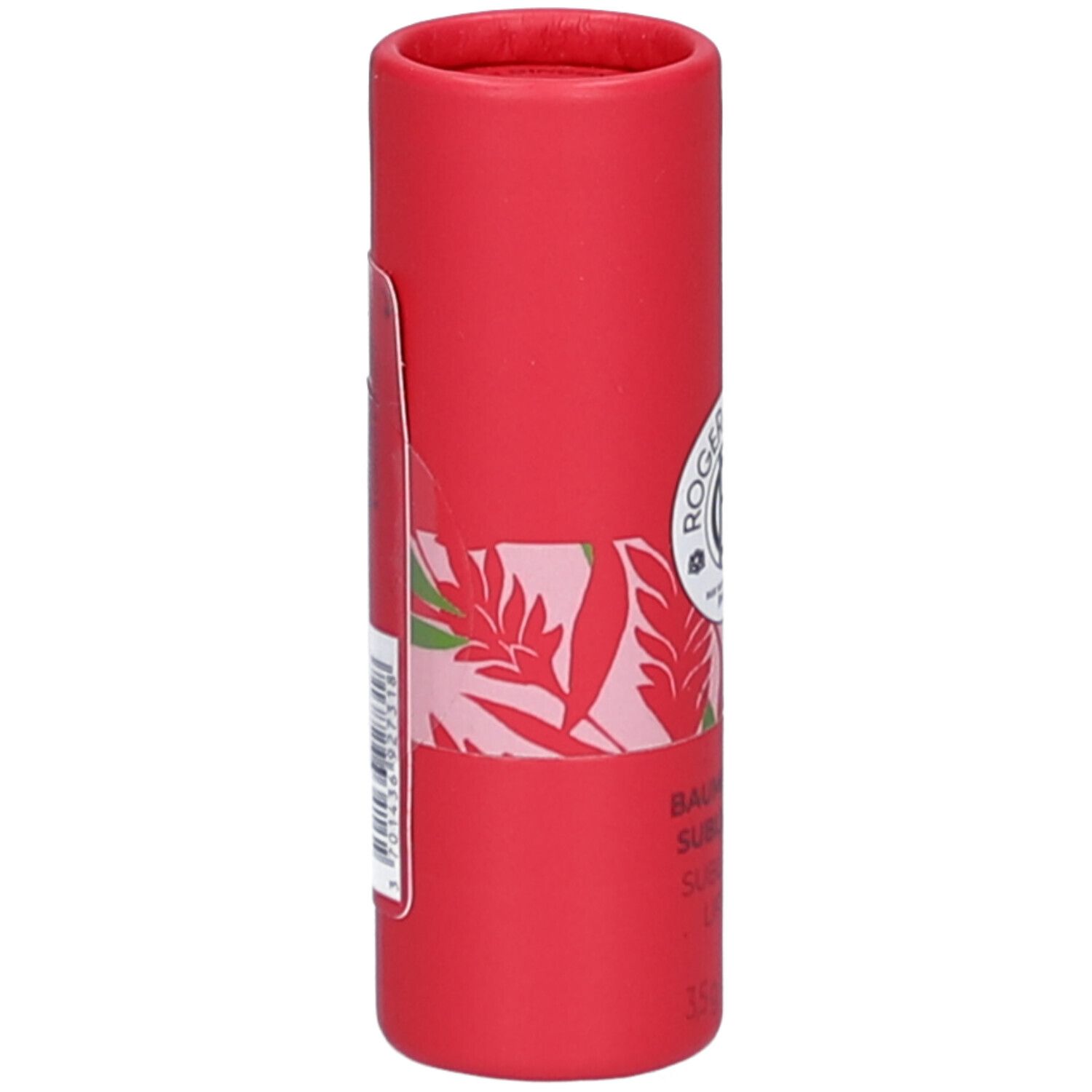 Emballage cylindrique rouge. Autocollant avec informations produit et code-barres. Visible: ROGER & GALLET, Baume Lèvres.
