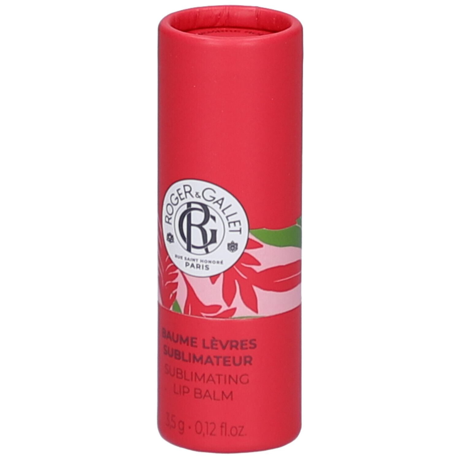 Emballage cylindrique rouge. Inscription: ROGER & GALLET, Baume Lèvres Sublimateur, Lip Balm. 3,5 g - 0,12 fl. oz.