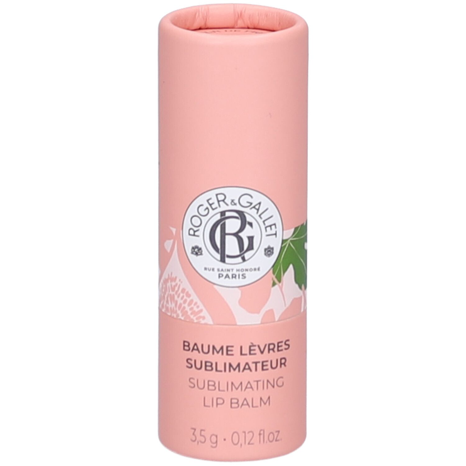 Roze cilindrische verpakking. Logo en tekst: ROGER & GALLET. Productnaam: BAUME LÈVRES SUBLIMATEUR. 3,5 g.