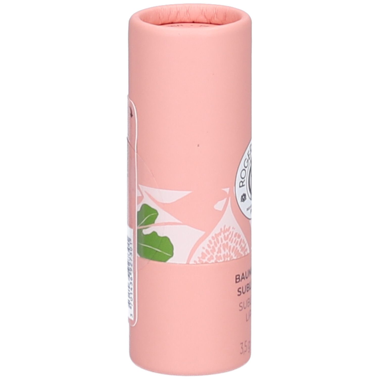 Roze cilindrische verpakking. Logo ROGER & GALLET. Sticker met tekst. Illustratie van vijgenblad en vrucht.