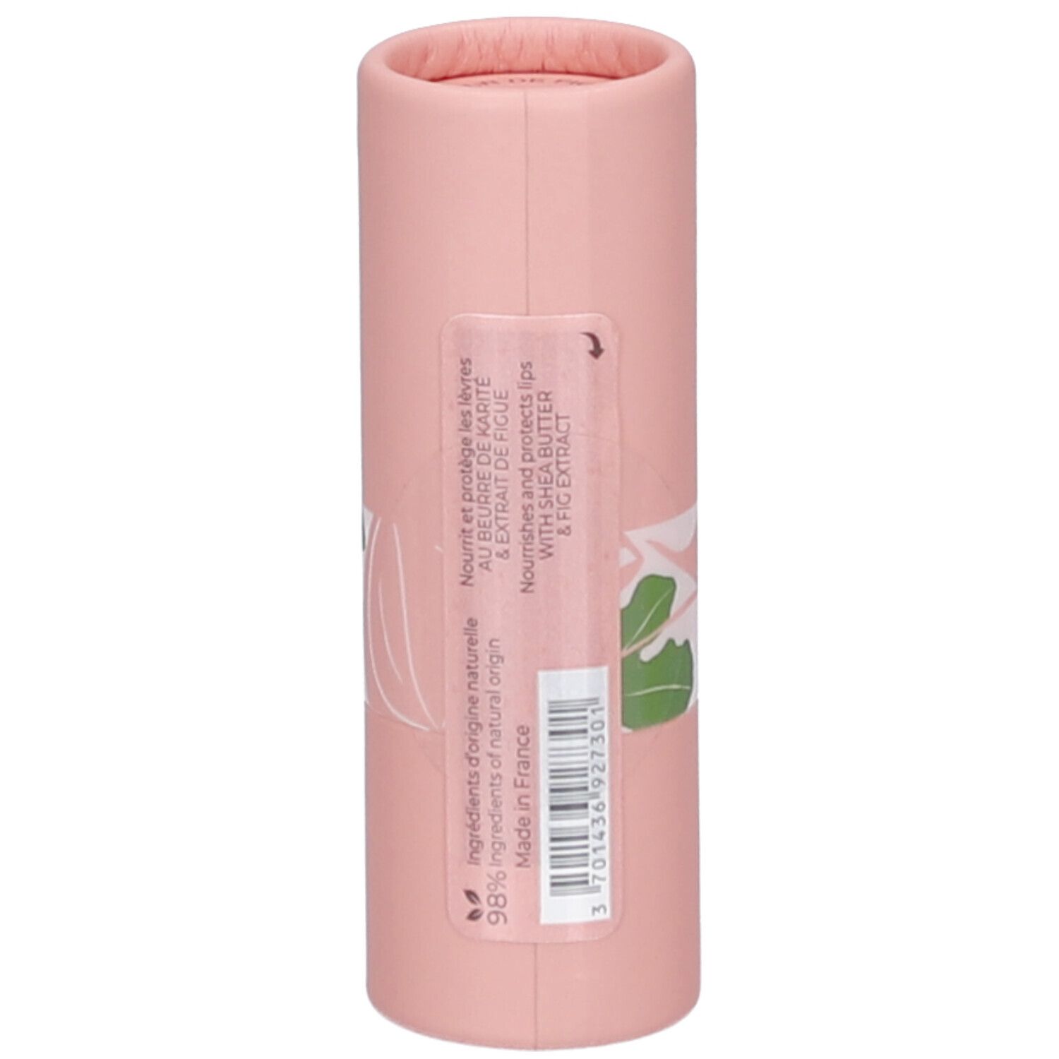 Roze cilindrische verpakking. Sticker met tekst: ingrediënten, herkomst, 98% natuurlijke ingrediënten. Gemaakt in Frankrijk.