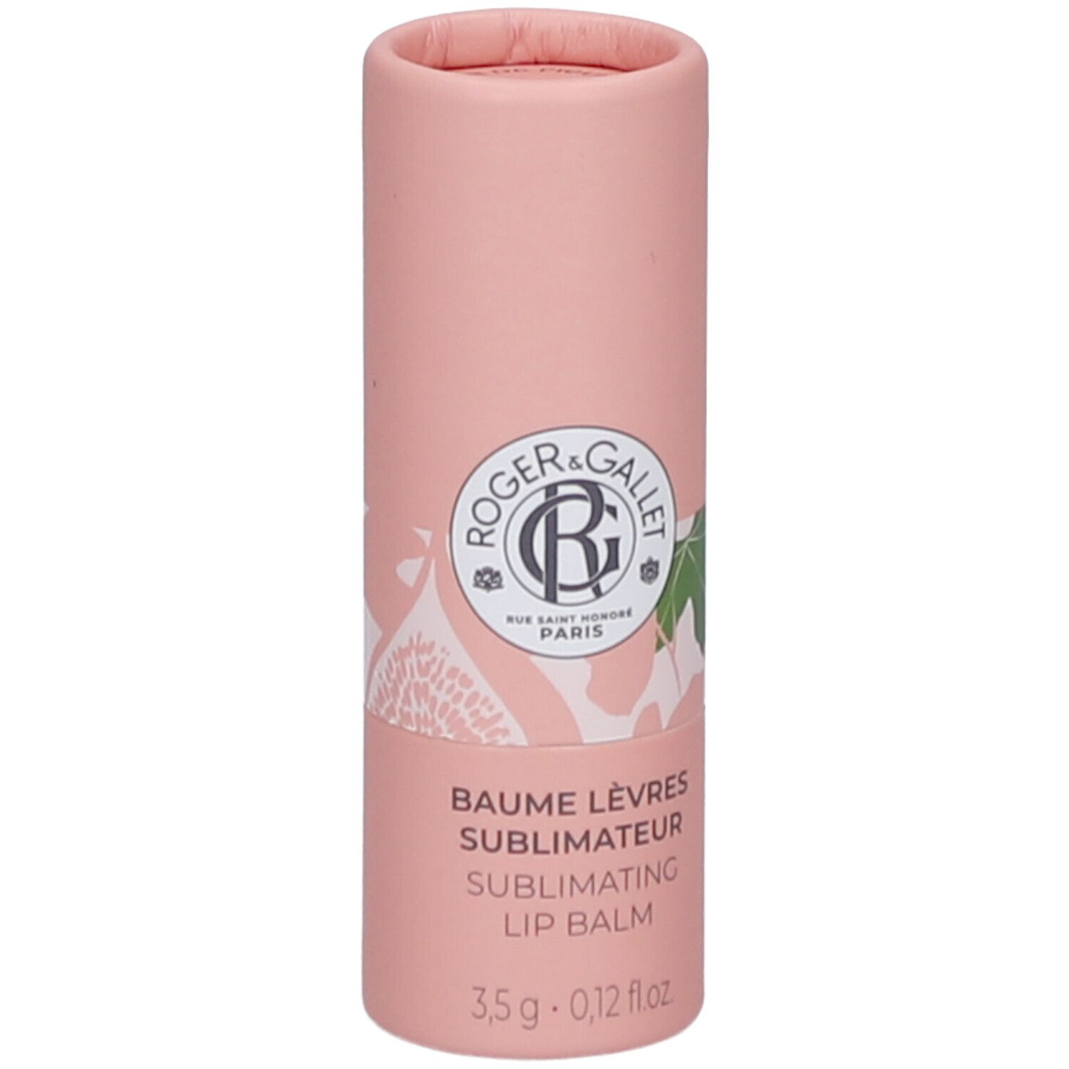 Roze cilindrische verpakking. Logo en tekst: ROGER & GALLET. Productnaam: BAUME LÈVRES SUBLIMATEUR. 3,5 g.