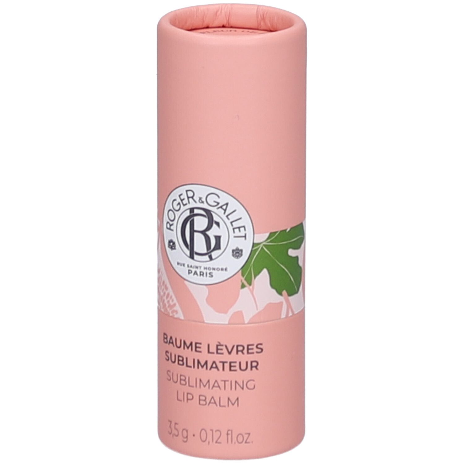 Roze cilindrische verpakking. Logo en tekst: ROGER & GALLET. Productnaam: BAUME LÈVRES SUBLIMATEUR. 3,5 g.