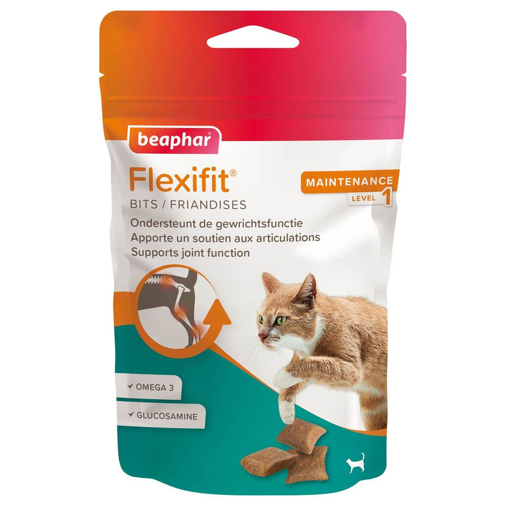 Zakje Beaphar Flexifit Friandises Chat. Bevat Omega 3 en Glucosamine. Afbeelding van een kat en productstukjes.
