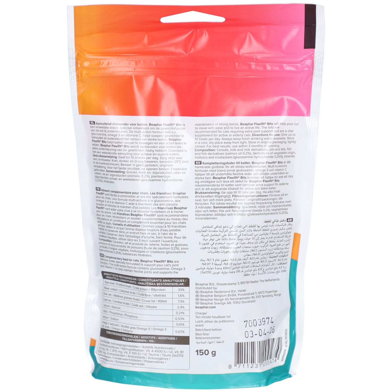Dos du sachet Beaphar Flexifit Friandises Chat. Contient du texte multilingue et des informations nutritionnelles.