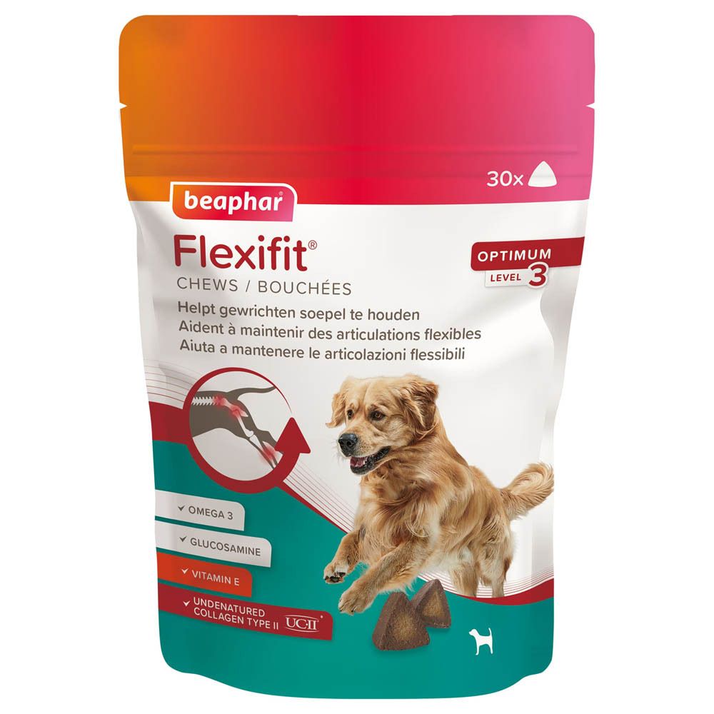 Zak Flexifit® Bouchées Chien. Hond met product afgebeeld. Bevat Omega 3, Glucosamine, Vitamine E en UCII.