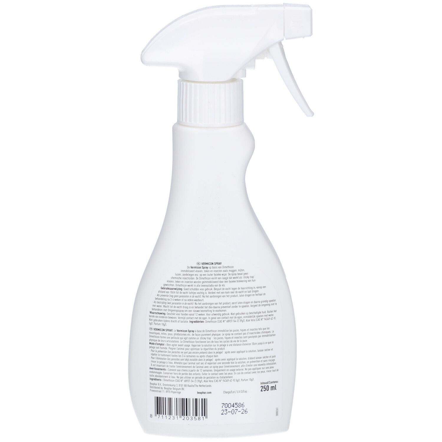 Achterkant van de witte sprayfles. Tekst en barcode. Volume: 250 ml.