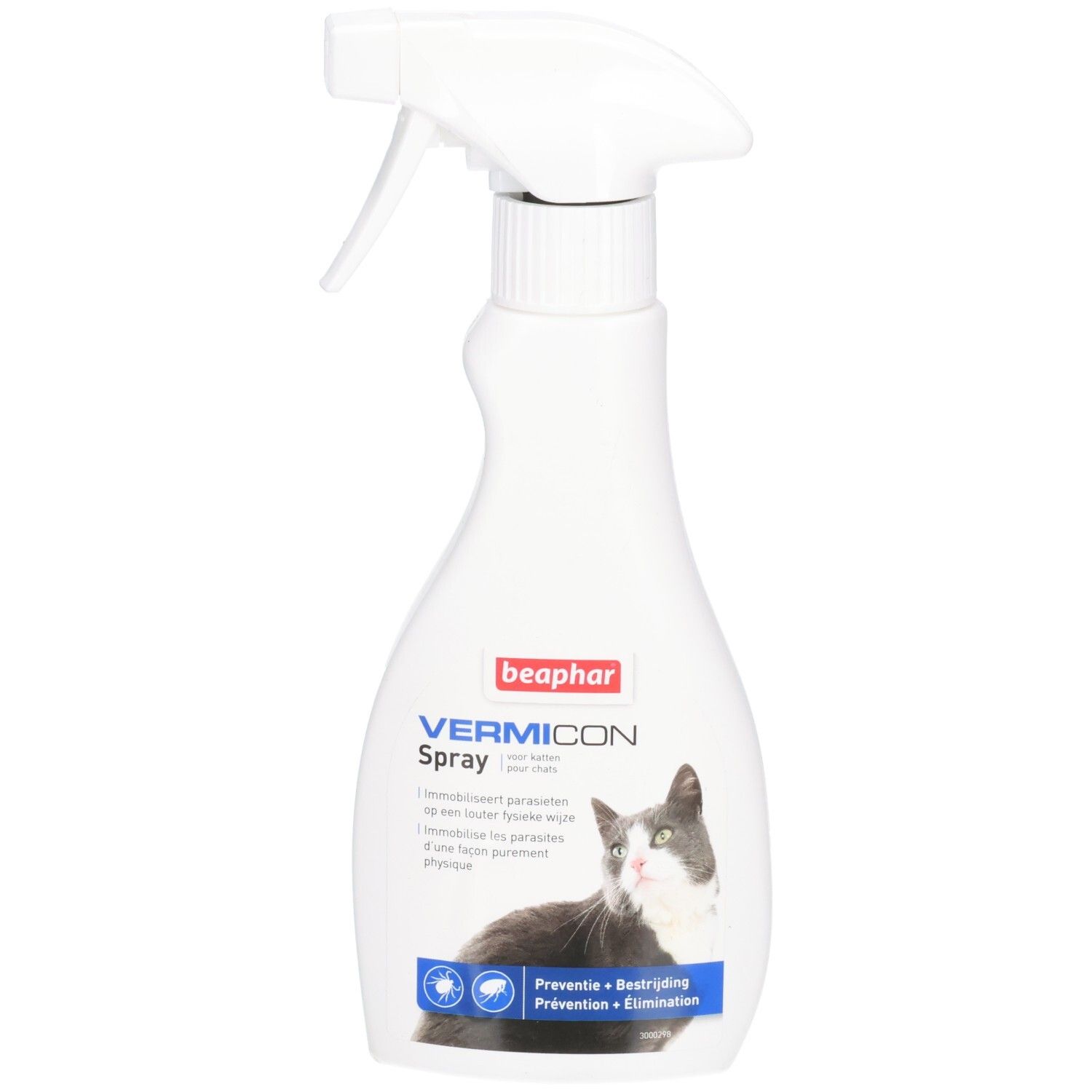 Witte sprayfles met sproeikop. Opschrift "Vermicon Spray" en afbeelding van kat. Blauwe balk met tekst.