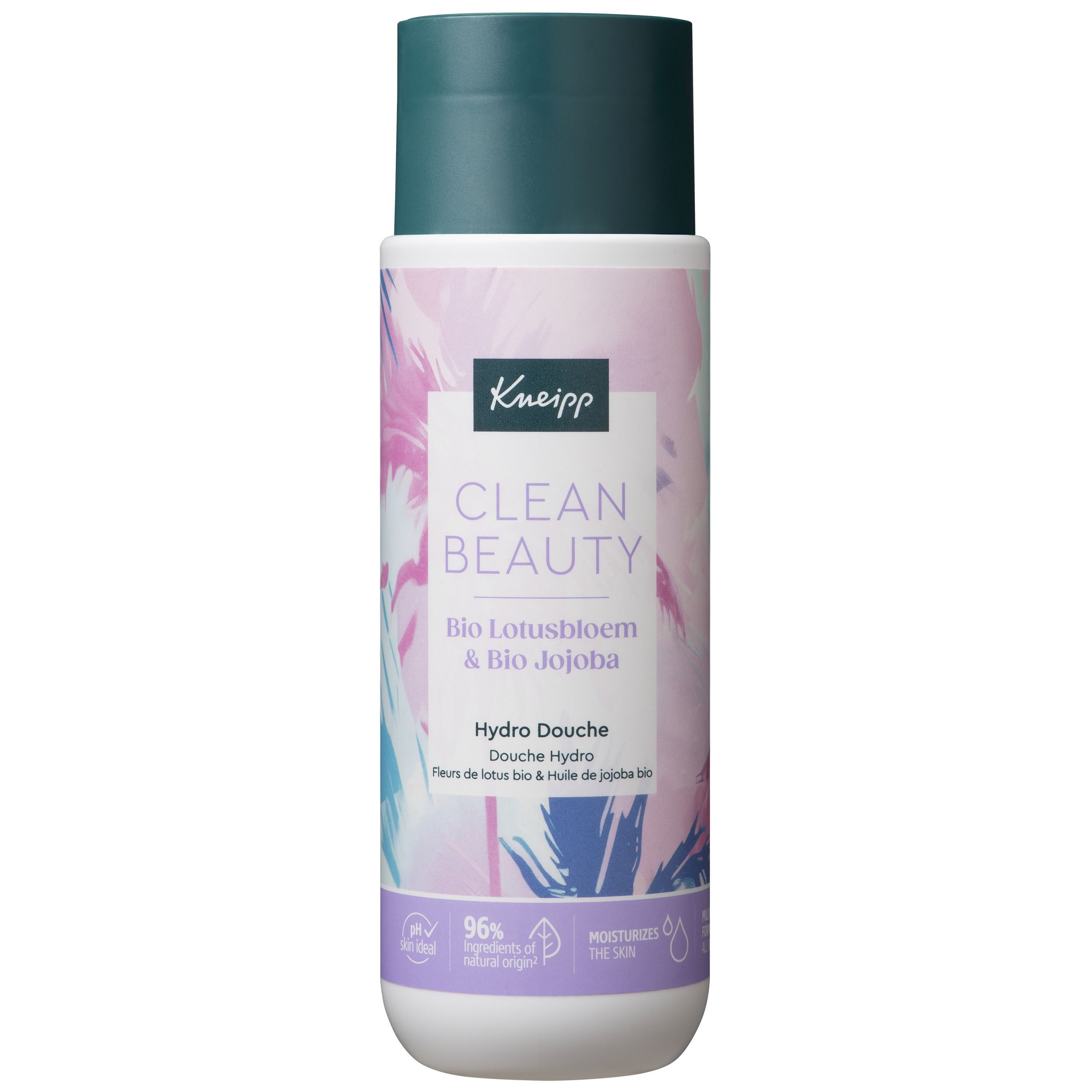 Gel douche Kneipp Clean Beauty. Bouteille avec bouchon vert, design floral. Étiquette : New in recycled bottle.