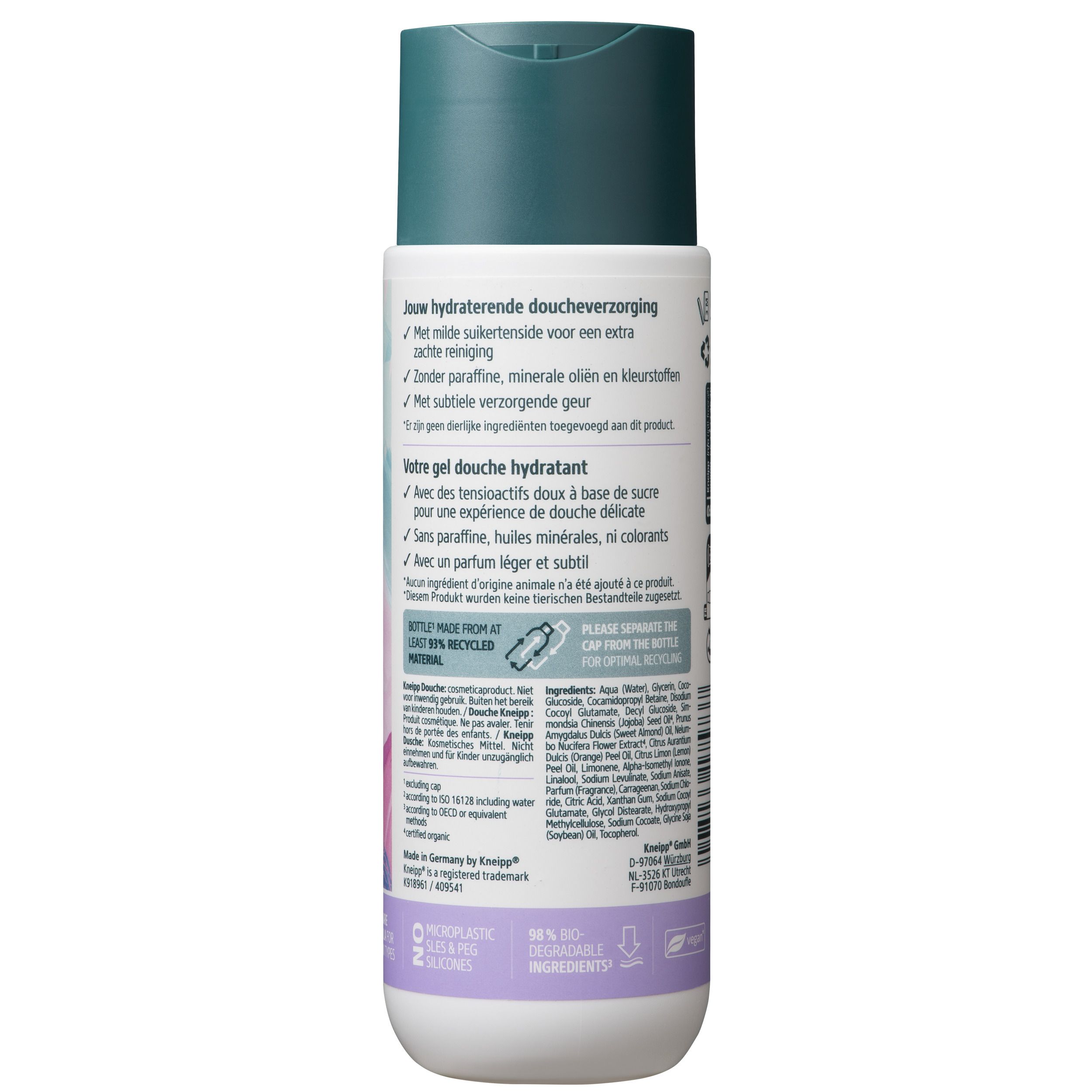 Achterkant Kneipp Clean Beauty Hydro Douche fles. Tekst en logo's. 200 ml. Vegan keurmerk. Recycling instructies.