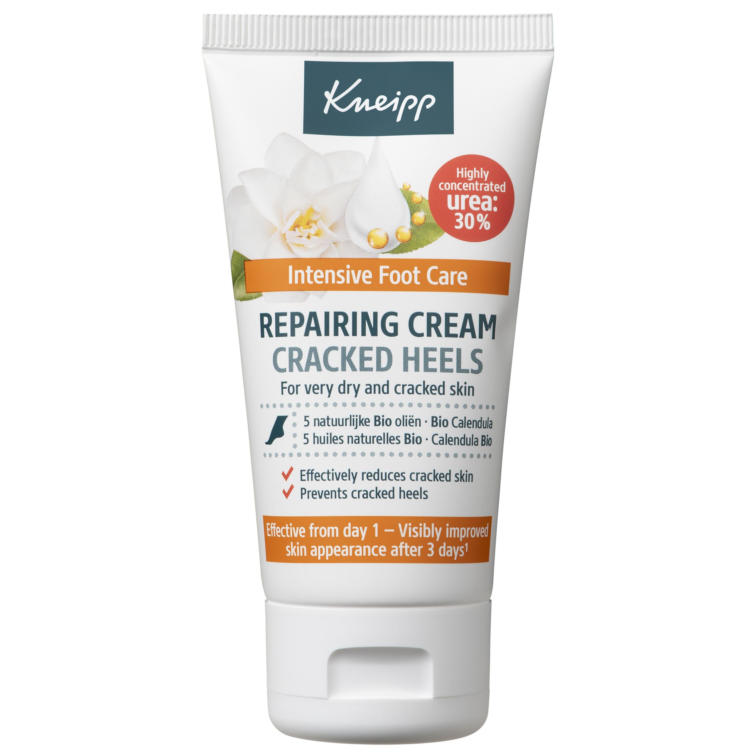 Kneipp Crème Réparatrice Talons Crevassés. Tube met productinfo. Bevat 30% ureum. Voor zeer droge, gebarsten huid.