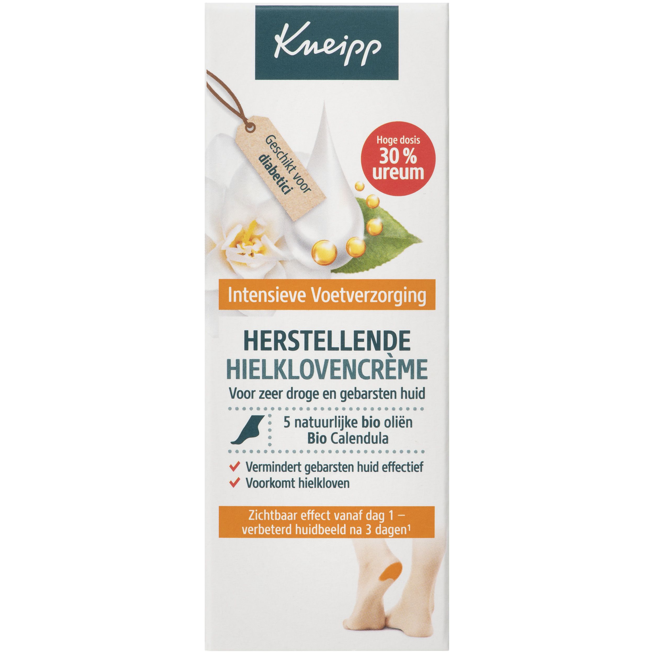 Kneipp Crème Réparatrice Talons Crevassés. Tube avec informations produit. Contient 30% d'urée. Pour peaux très sèches et crevassées.