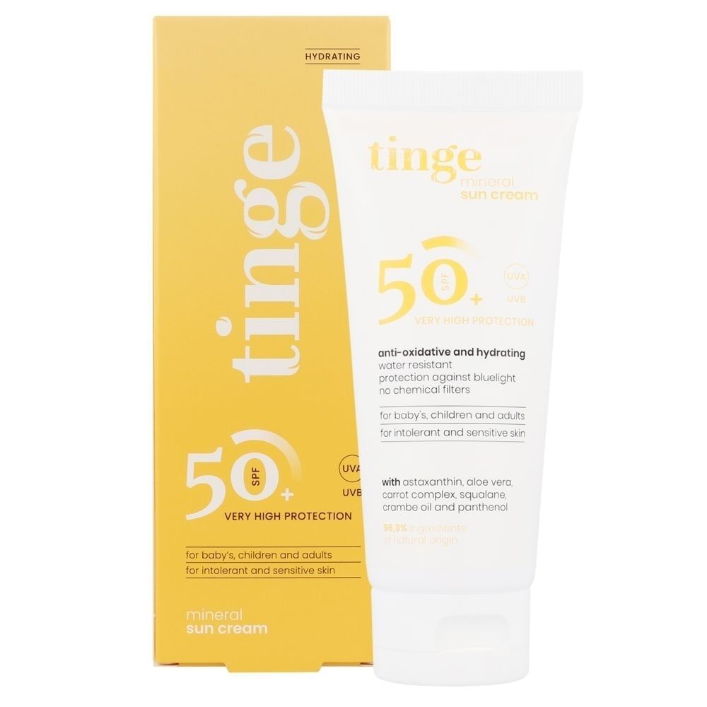 Tinge Minerale Zonnecrème SPF50+ tube en doos.