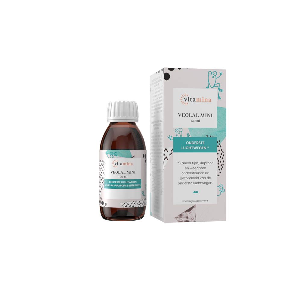 Bruine glazen fles met witte dop. Etiket toont 'VEOLAL MINI 120 ml' en 'ONDERSTE LUCHTWEGEN'.