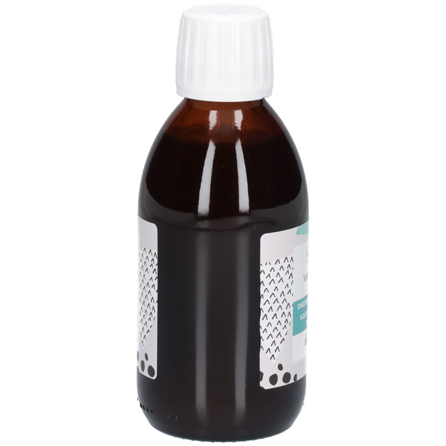 Bruine glazen fles met witte schroefdop, gevuld met donkere vloeistof. Etiket met grafische patronen.