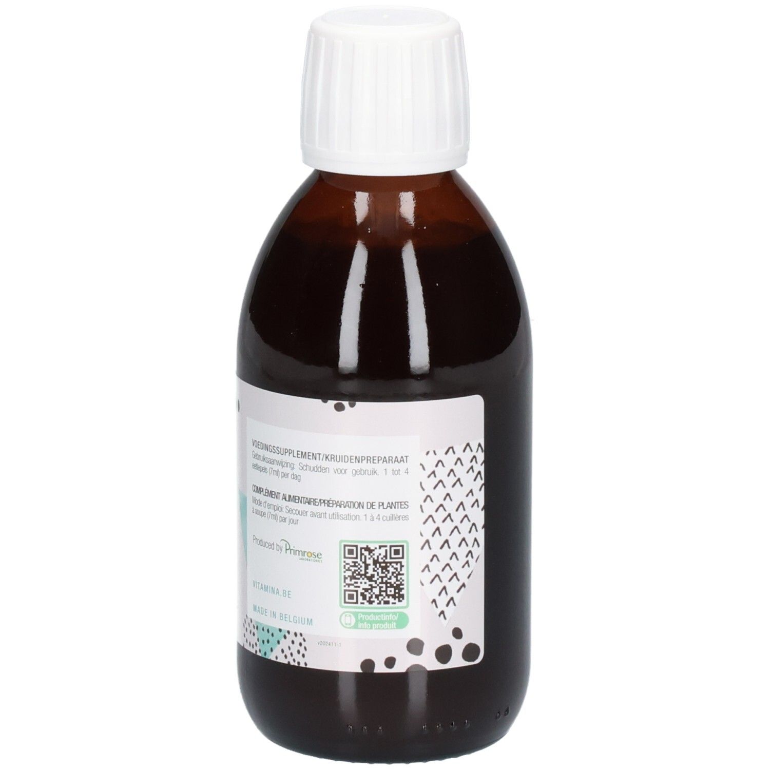 Achterkant van een bruine glazen fles met etiket. Bevat productinformatie en een QR-code.