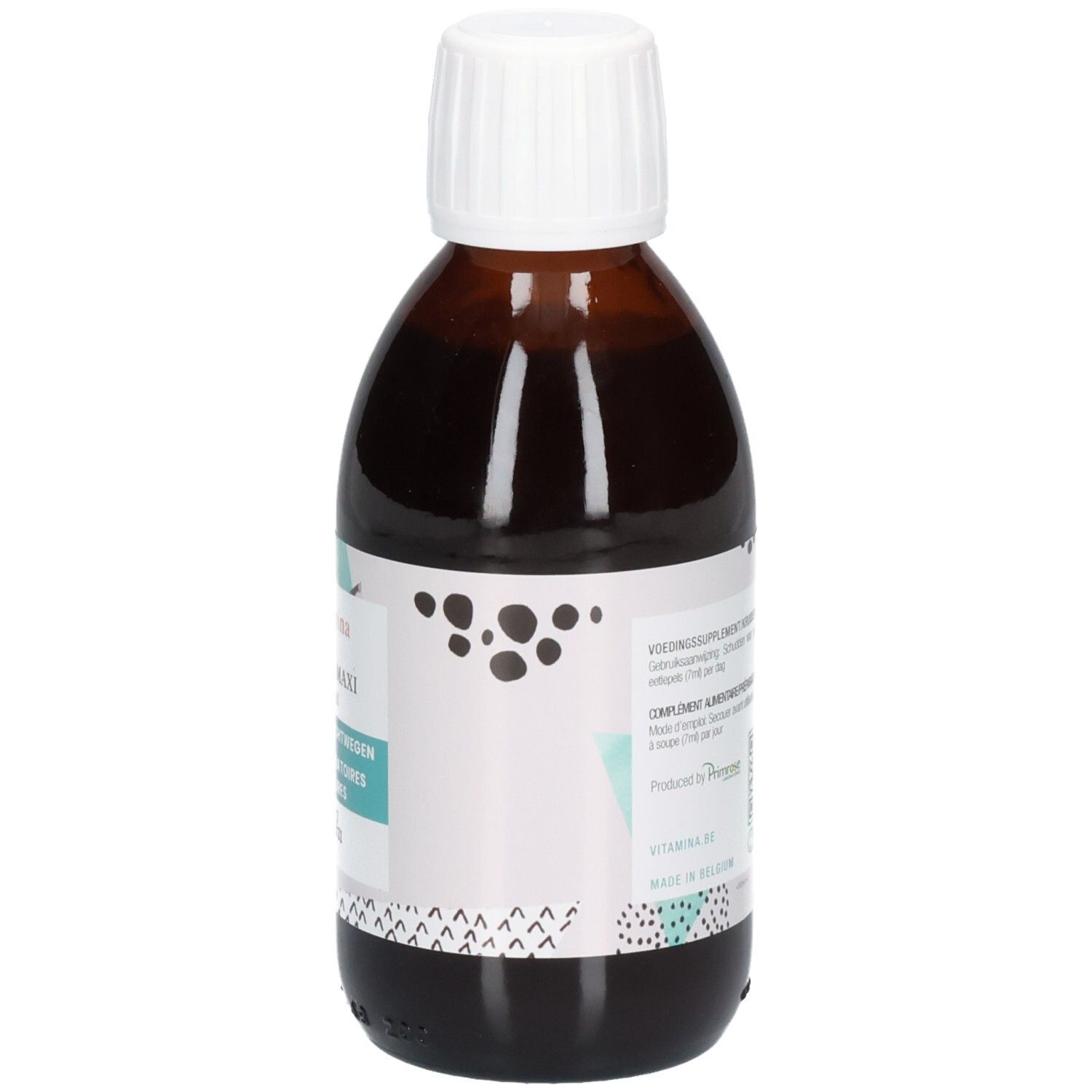 Zijaanzicht van een bruine glazen fles met witte schroefdop. Etiket met geometrische en puntpatronen.