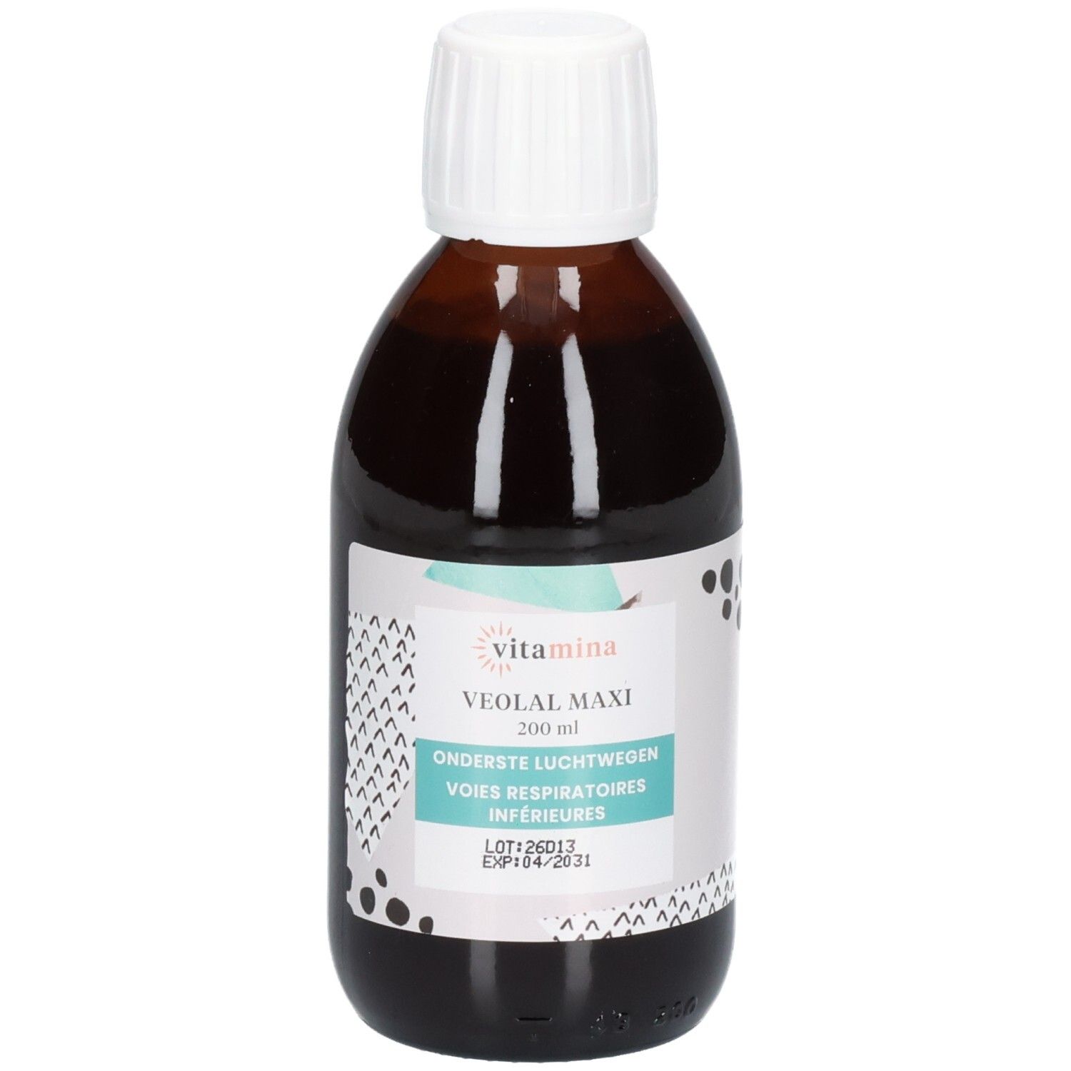 Vooraanzicht van de Vitamina Veolal Maxi fles, 200 ml. Etiket toont productnaam en toepassingsgebied.