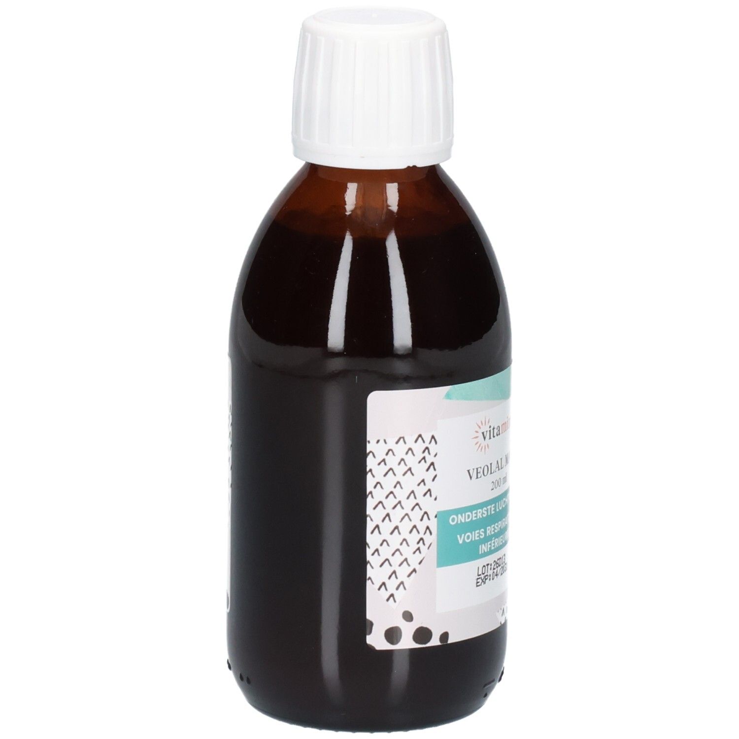 Zijaanzicht van de Vitamina Veolal Maxi fles, 200 ml. Bruin glas, witte dop, etiket met patronen.