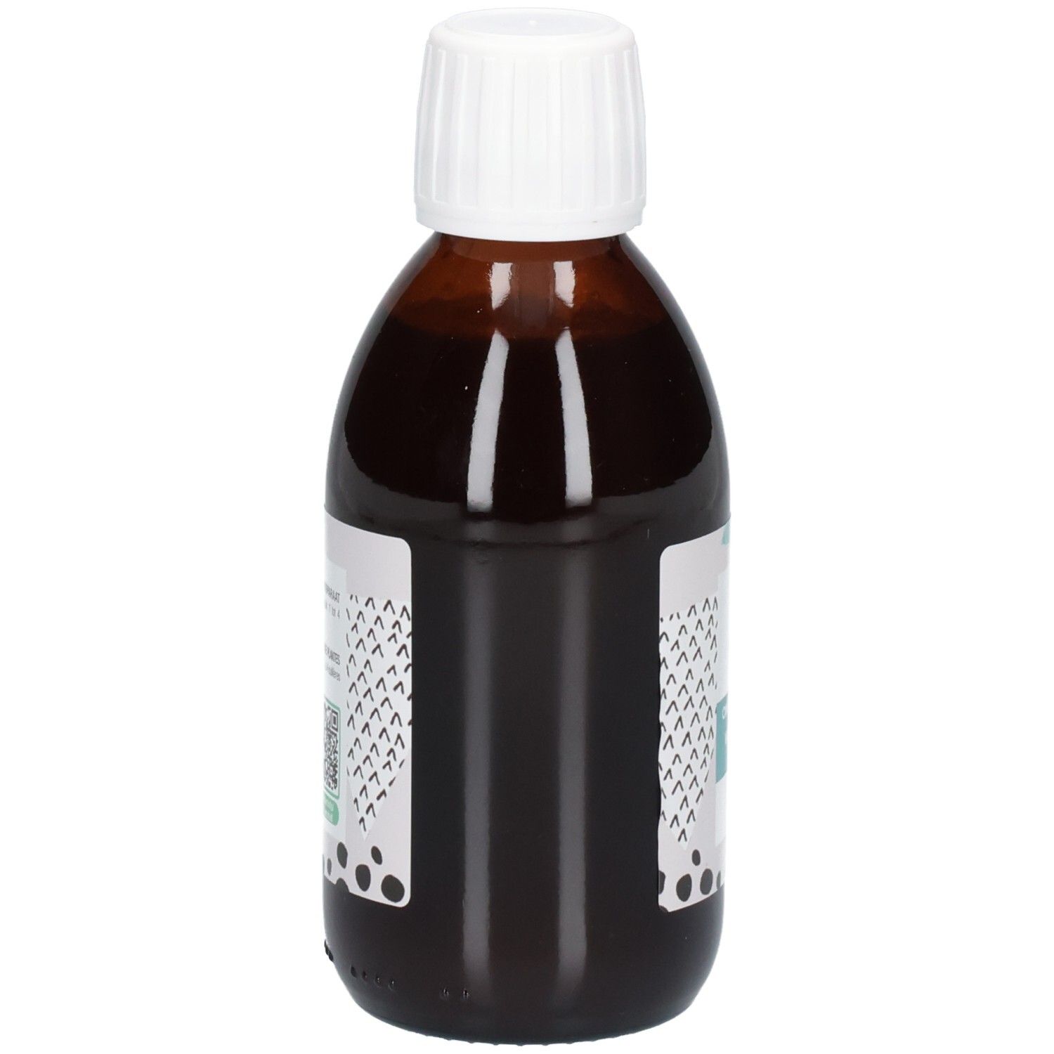 Close-up van de bruine glazen fles met witte schroefdop. Etiket met grafische elementen.