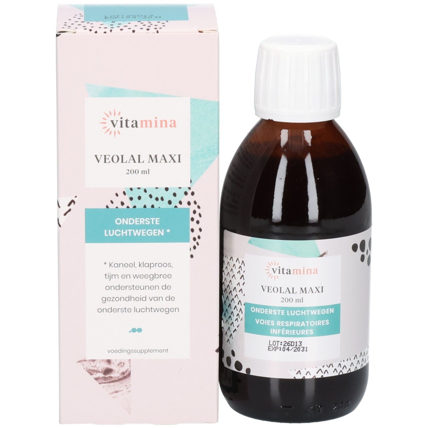 Vitamina Veolal Maxi 200 ml fles naast de verpakking. Beide tonen het logo en productinformatie.