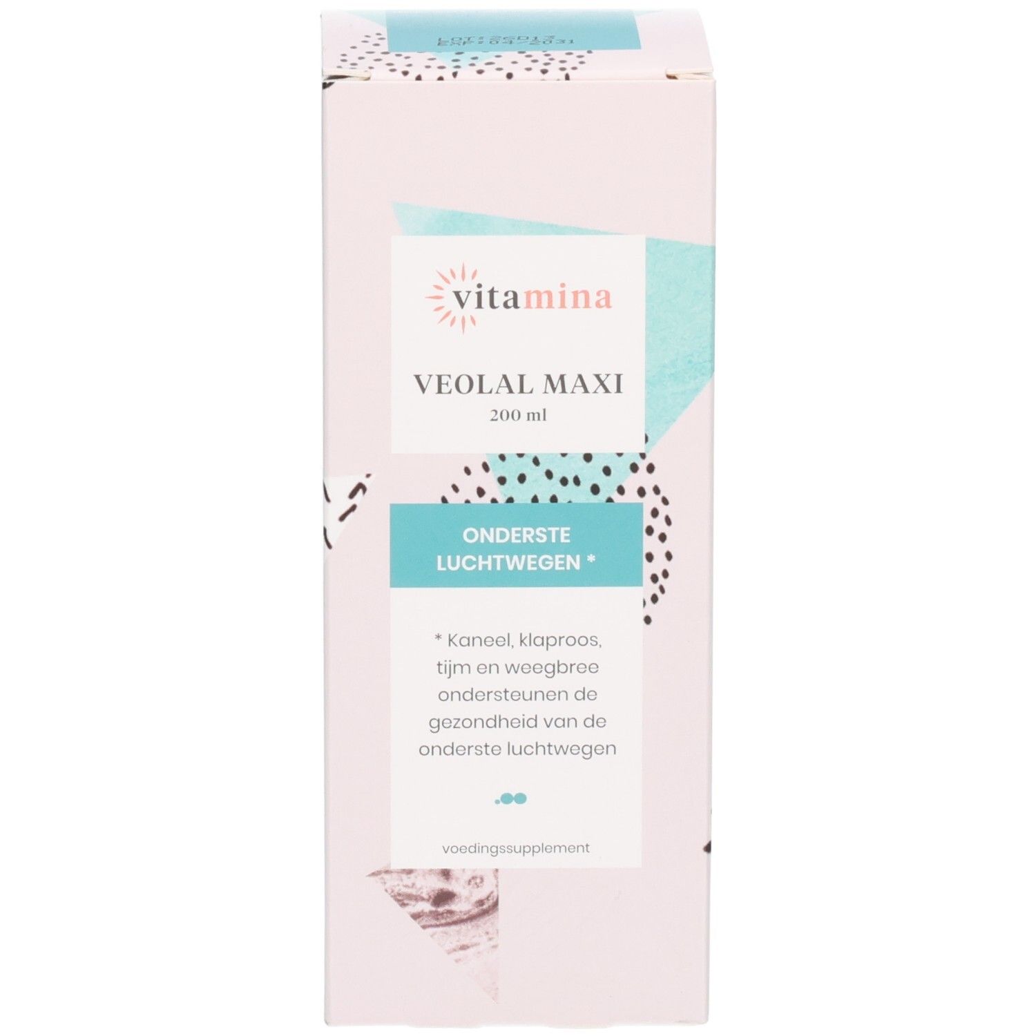 Verpakking van Vitamina Veolal Maxi. Roze kartonnen doos met grafische patronen en productinformatie.