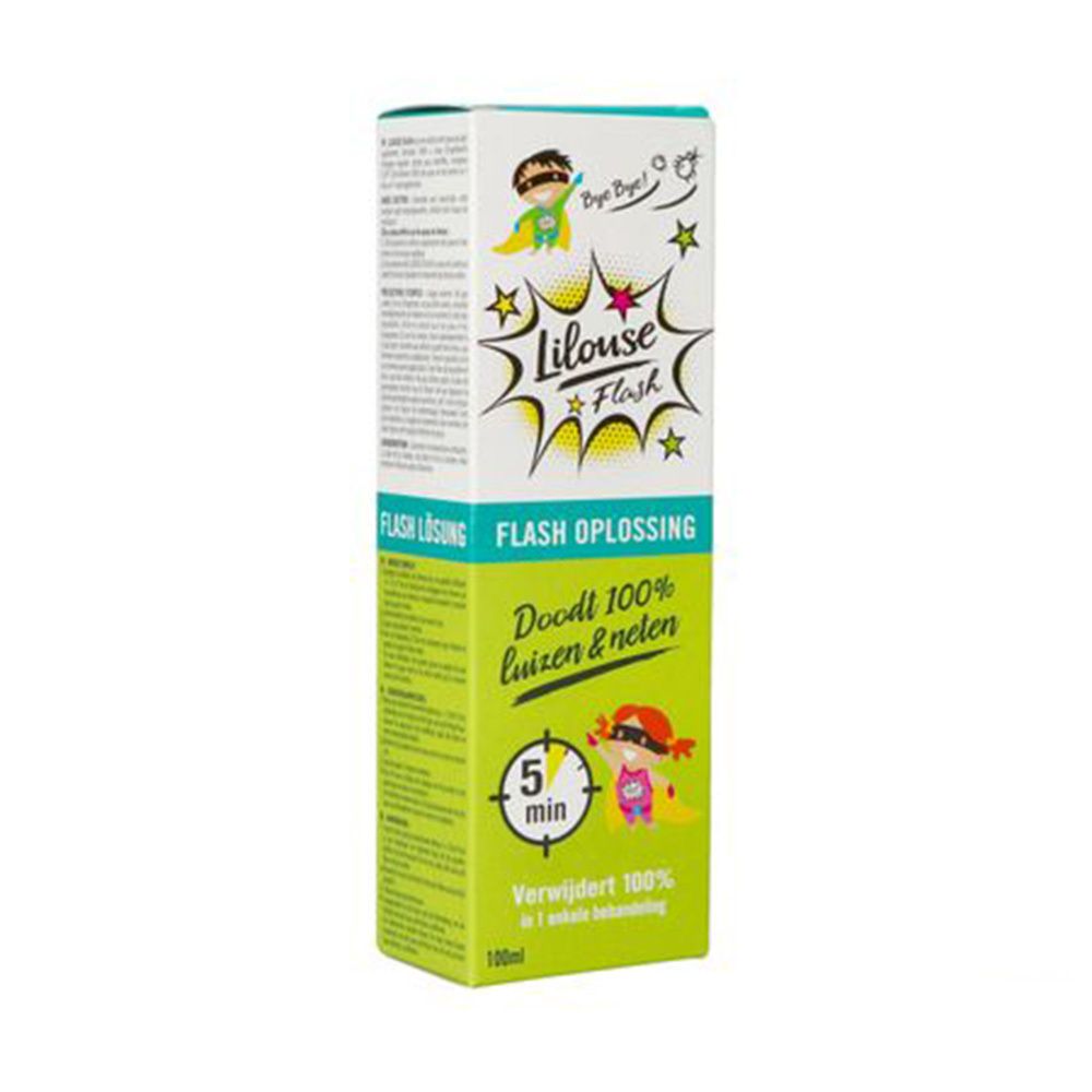 Productverpakking. Opschrift: Lilouse Flash, Flash Oplossing, Doodle 100% luizen & neten. 5 min. 100ml.